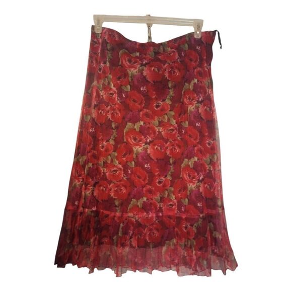 Elastic Waist Floral Print Mesh Overlay Mid Length Skirt - Picture 1 of 9